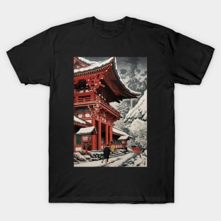 Snowy temple in Kyoto - Japanese Vintage Art T-Shirt